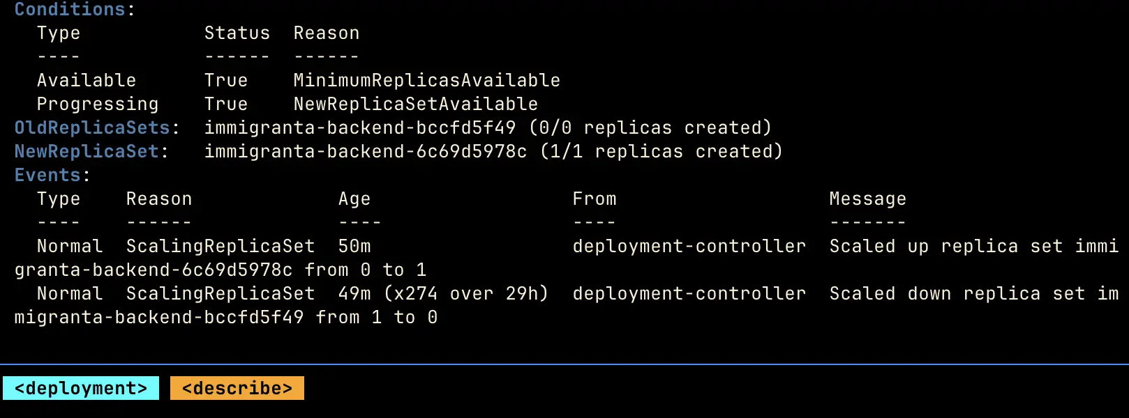 Kubernetes deployment events showing the Immigranta backend scaling from zero to one and from one to zero